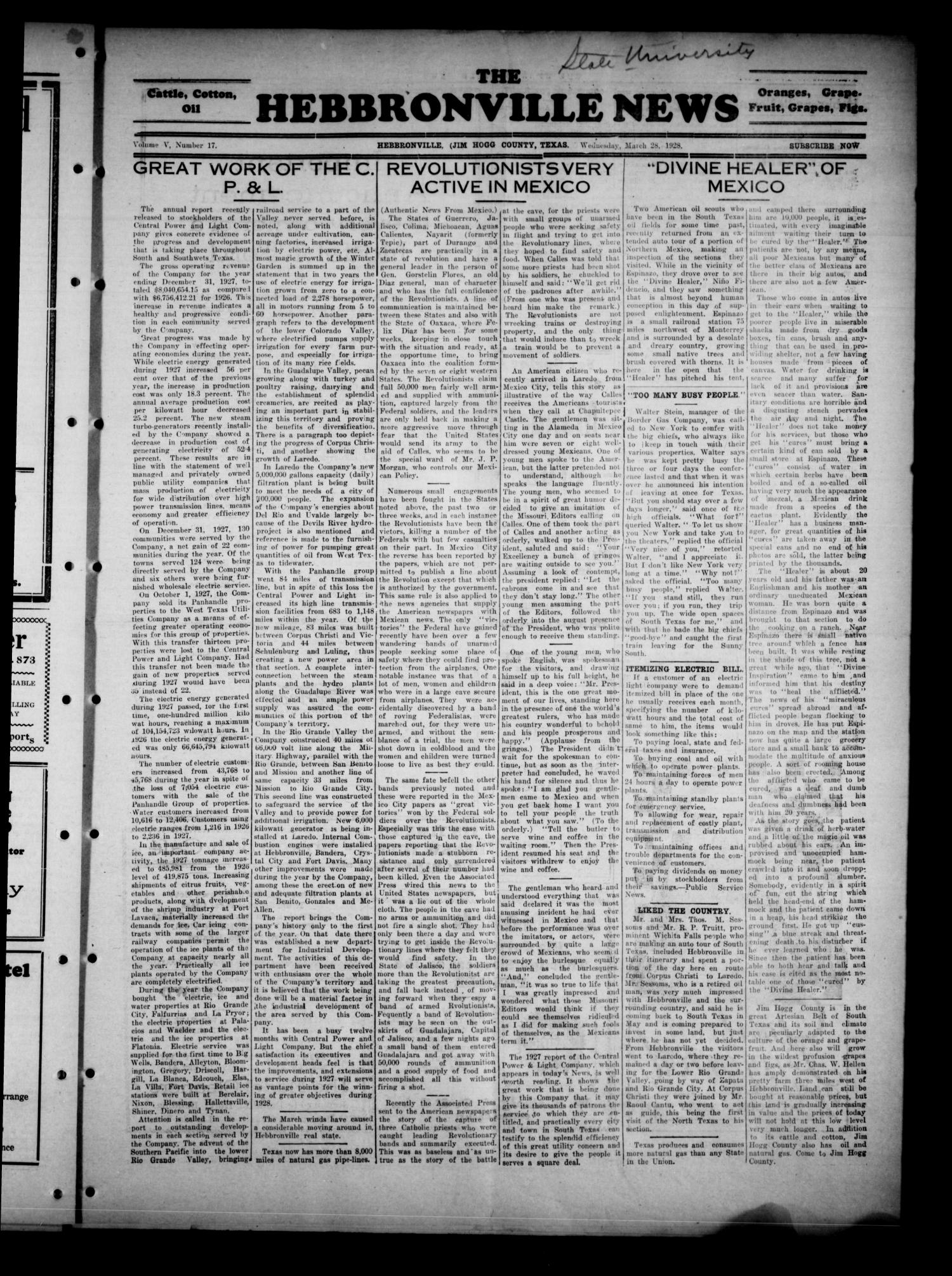 The Hebbronville News (Hebbronville, Tex.), Vol. 5, No. 17, Ed. 1
