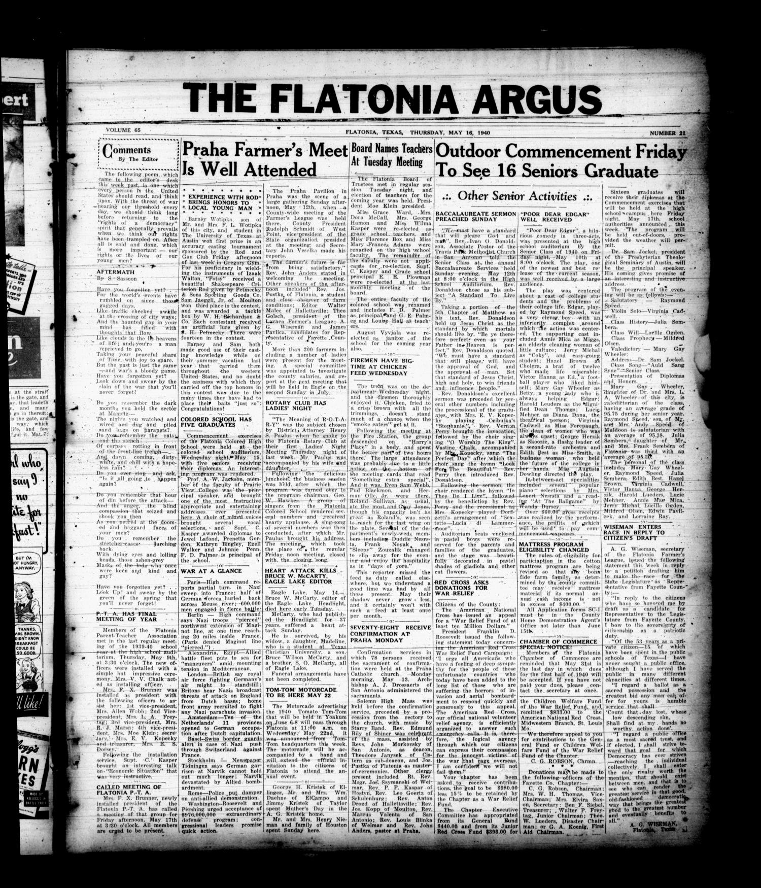 The Flatonia Argus (Flatonia, Tex.), Vol. 65, No. 21, Ed. 1 Thursday