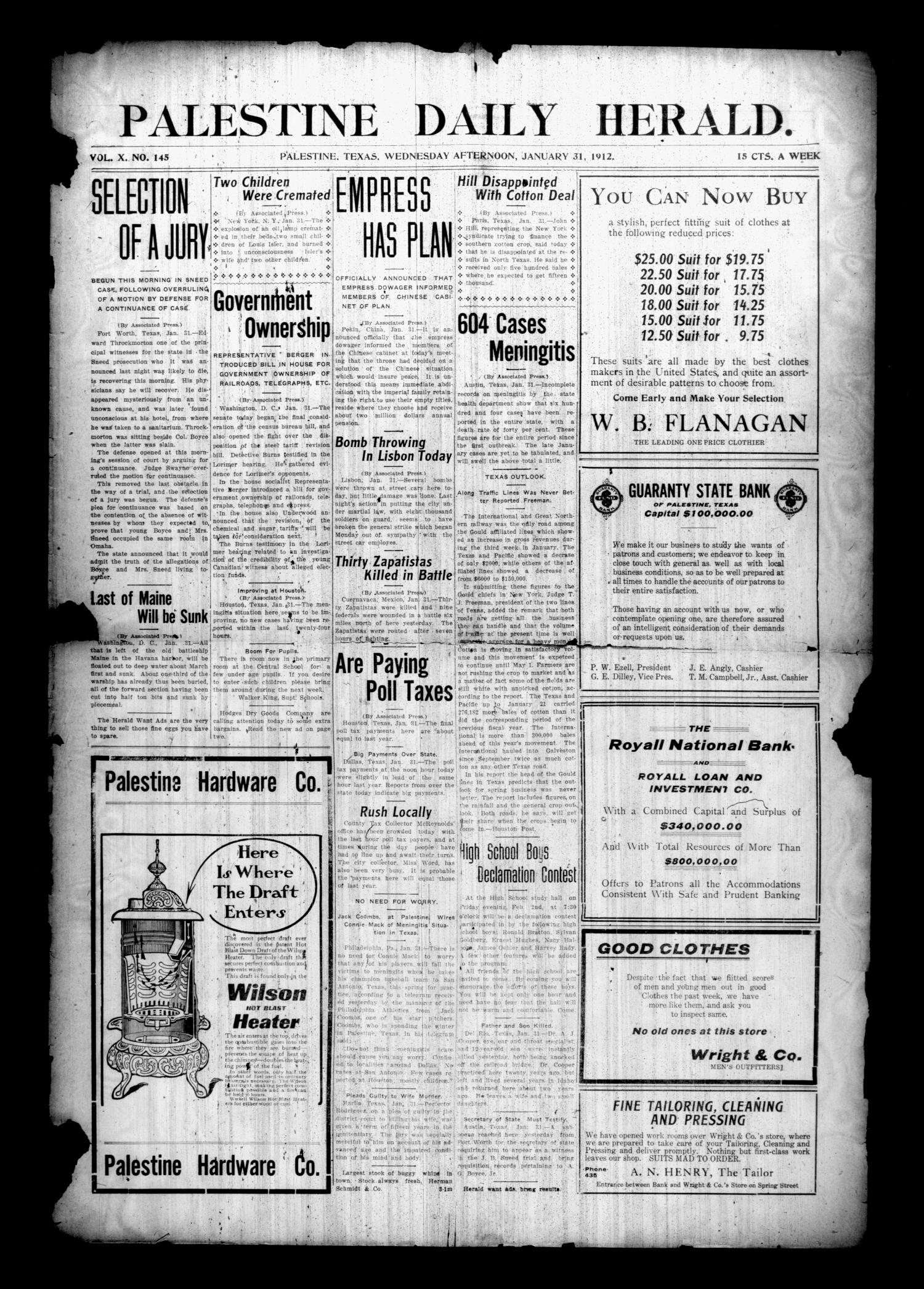 Palestine Daily Herald. (Palestine, Tex), Vol. 10, No. 145, Ed. 1 Wednesday, January 31, 1912