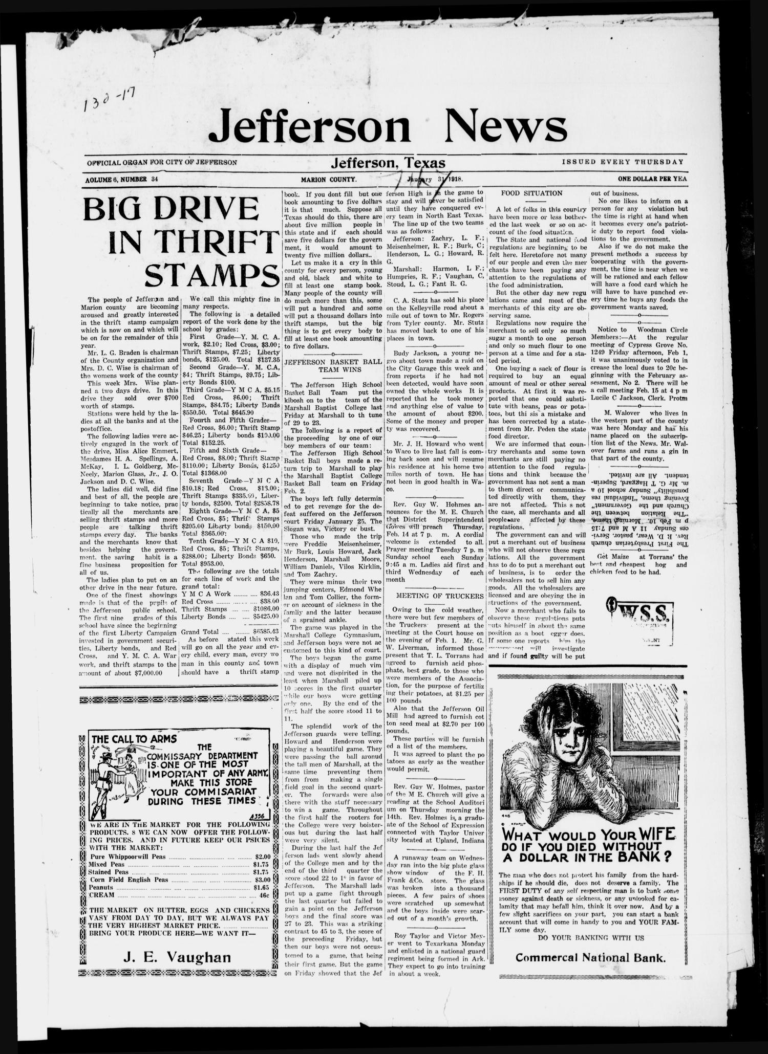 Jefferson News (Jefferson, Tex.), Vol. 6, No. 34, Ed. 1 Thursday