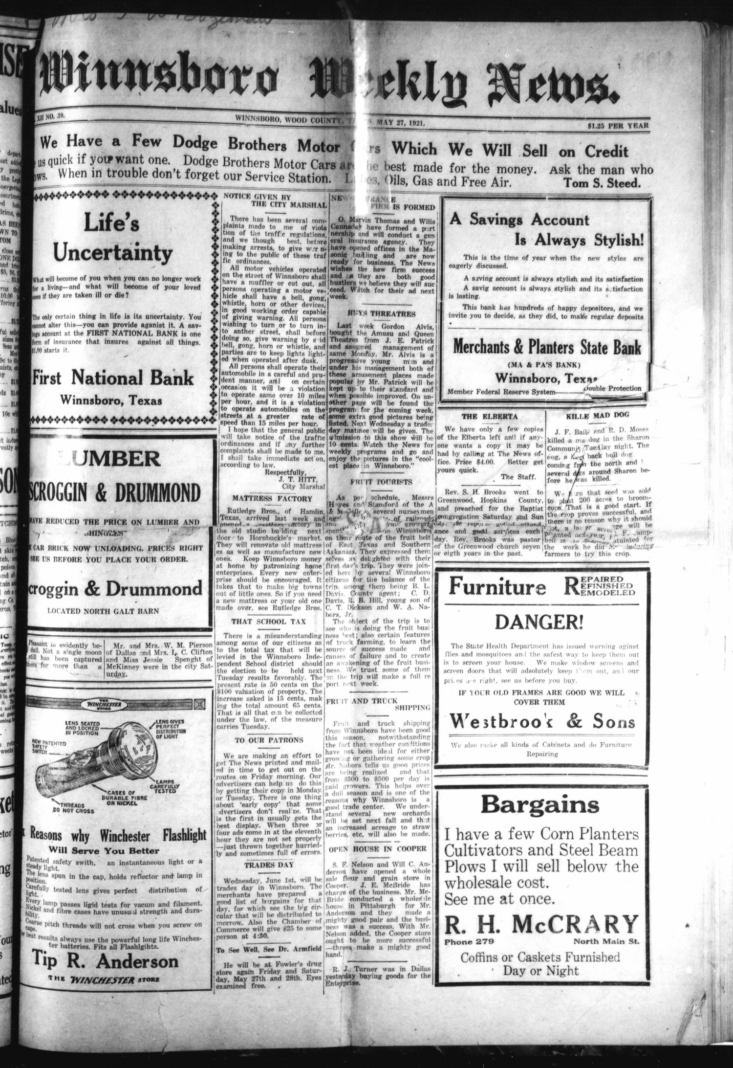 Winnsboro Weekly News (Winnsboro, Tex.), Vol. 12, No. 39, Ed. 1 Friday