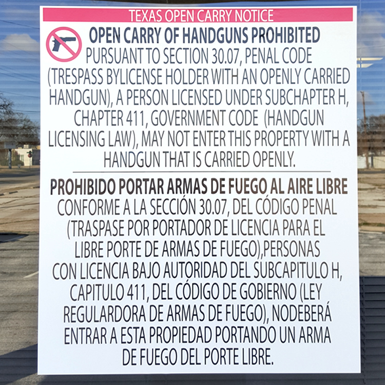 SAMPLE 4.5"x 4" Texas No Open Carry Sign Texas No Carry Signs