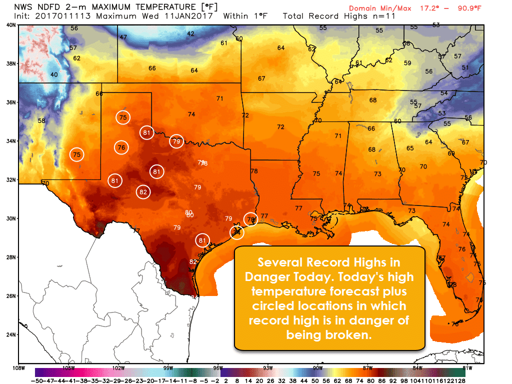 Several Record High Temperatures Forecast This Afternoon
