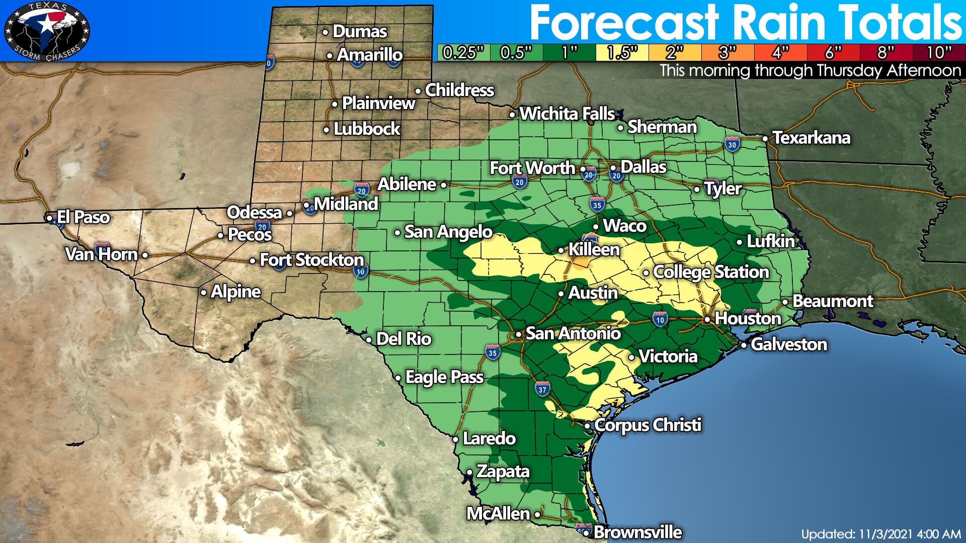 Rain (some heavy) continues across southern half of Texas through