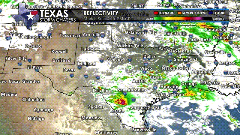 Simulated weather model radar this afternoon through Monday morning from the High Resolution Rapid Refresh (HRRR).