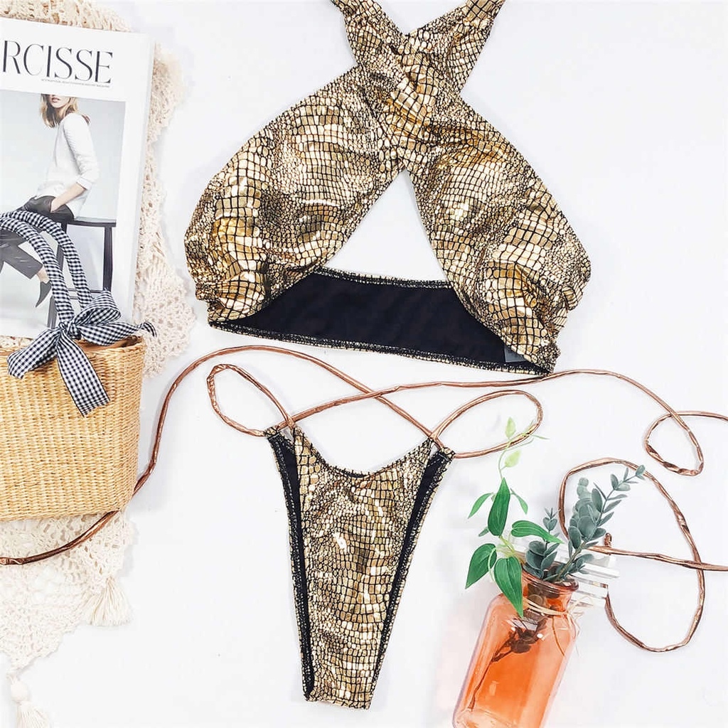 SINO.TREND Wrap Around Bikini Set Women Halter Thong Python Shiny