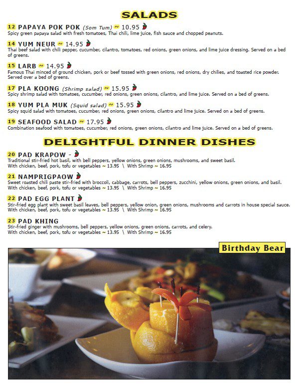 Dinner Menu Thai Kitchen