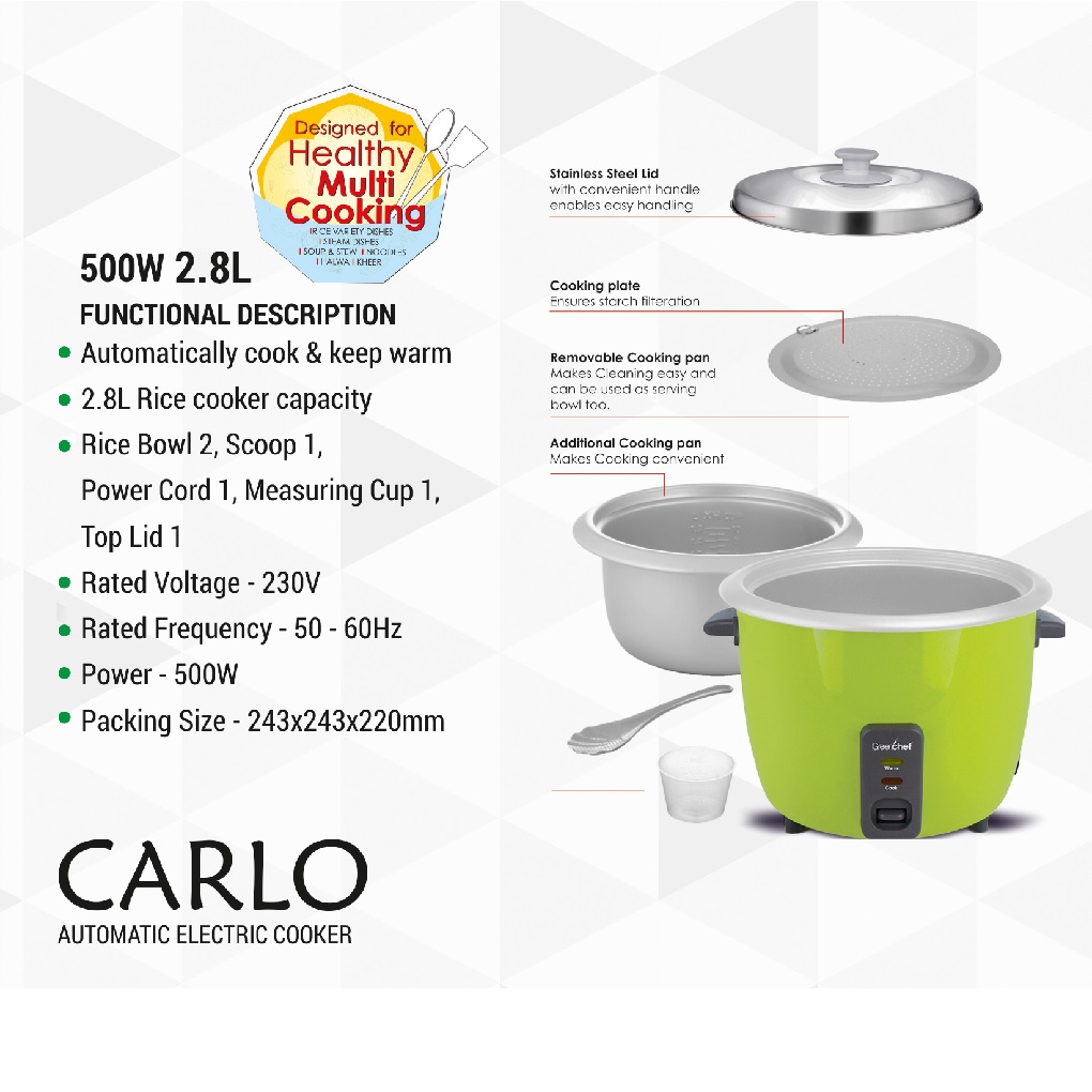 Greenchef Carlo Automatic Electric Rice Cooker 2.8 Ltr