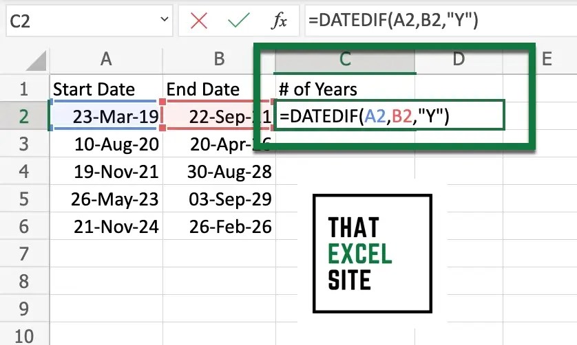 How to Calculate the Number of Years Between Two Dates in Excel That Excel Site
