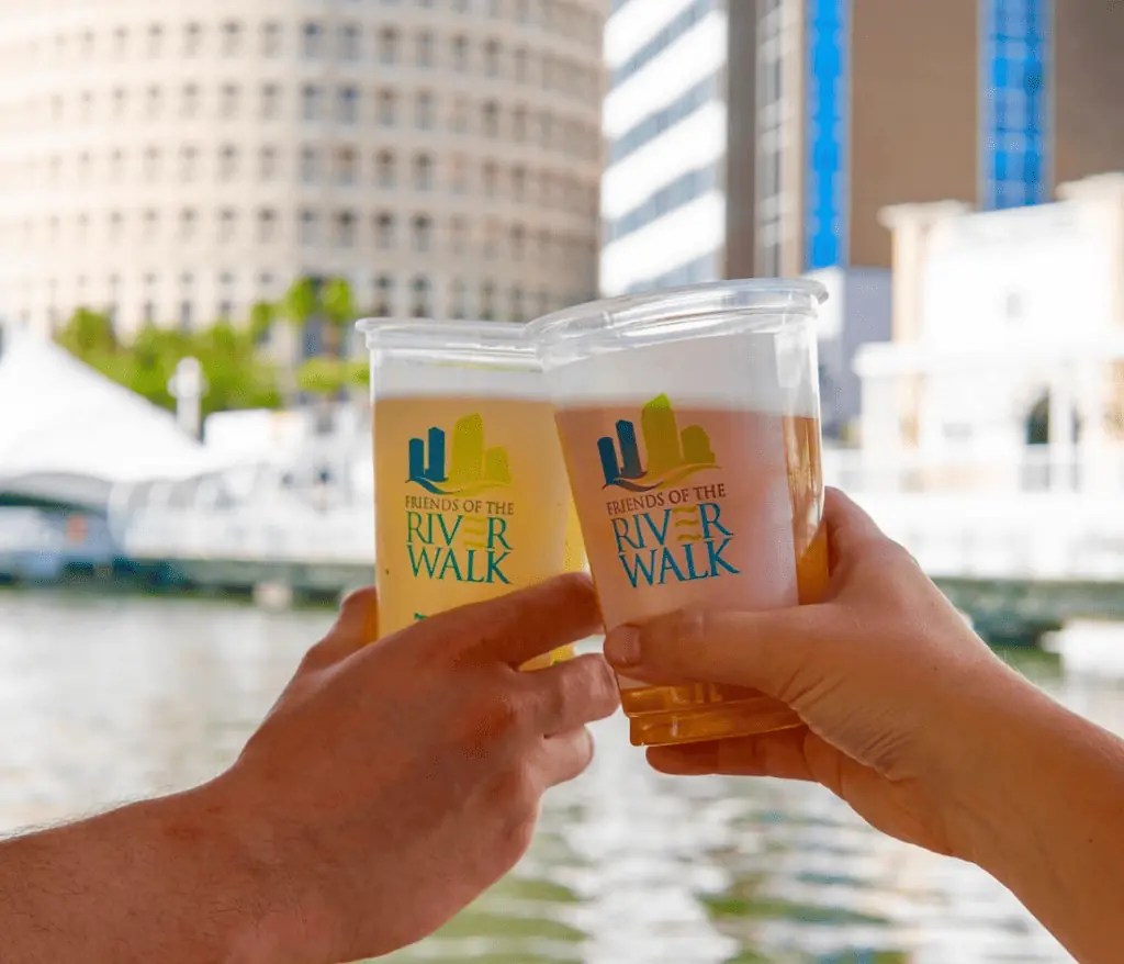 You can enjoy adult beverages on the Riverwalk with these special cups