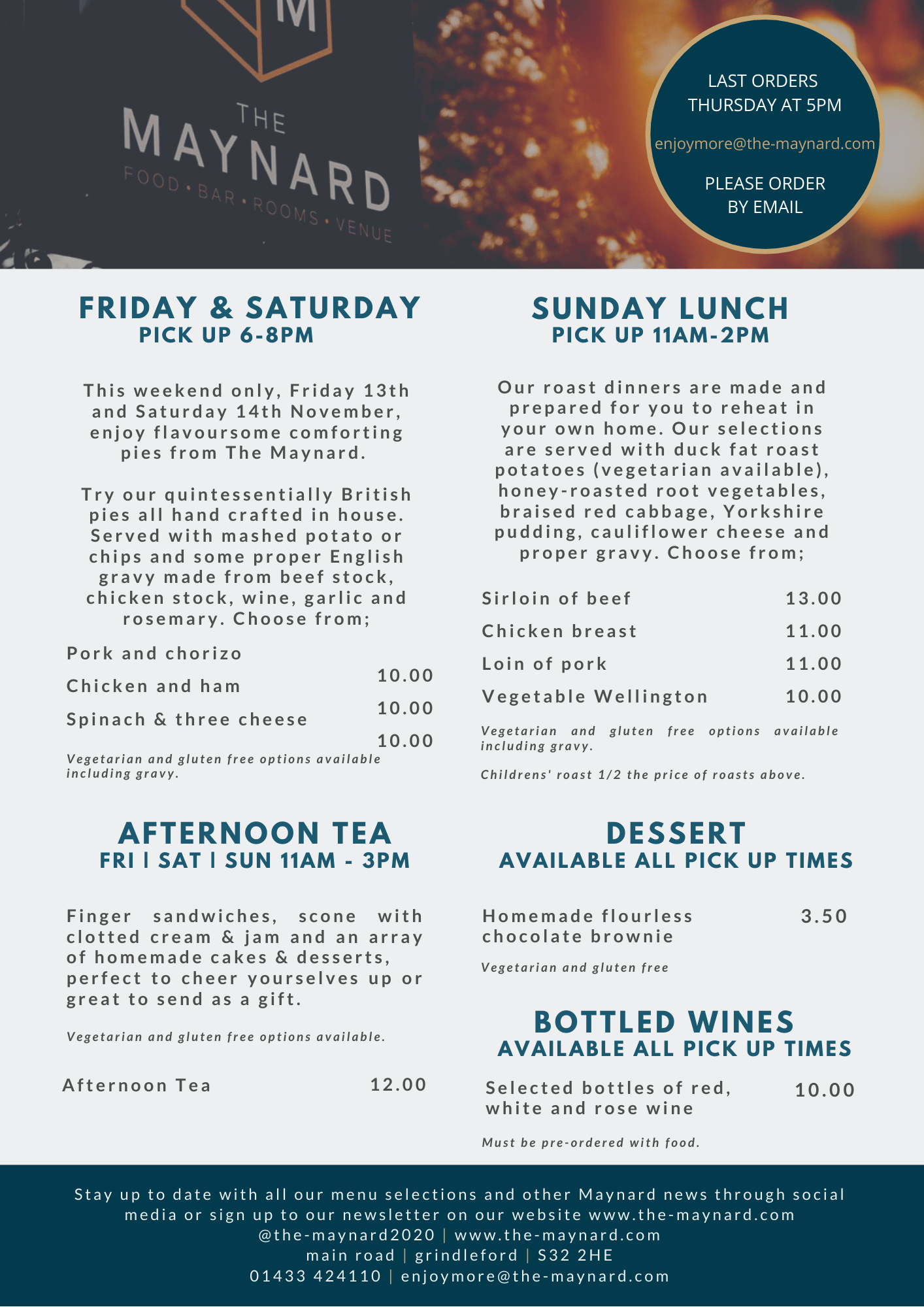 Takeaway Menu from The Maynard Friday 13 to Sunday 15 November 2020