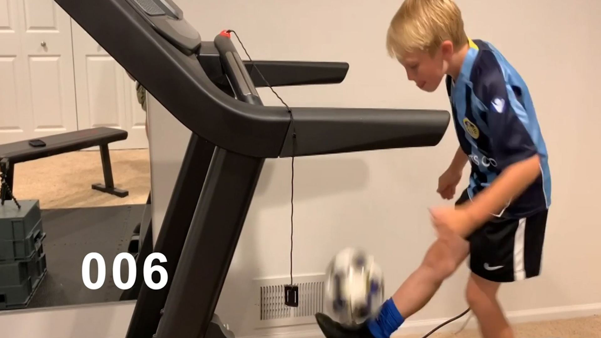 Kid Shows Off Soccer Skills On Treadmill