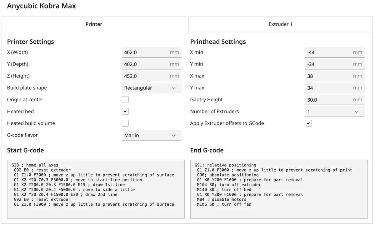 Anycubic Kobra Max Cura Settings for PLA, ABS, PETG, TPU