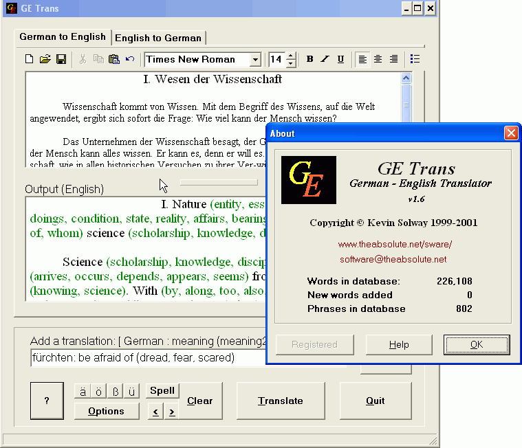 GeTrans German to English Translation Software