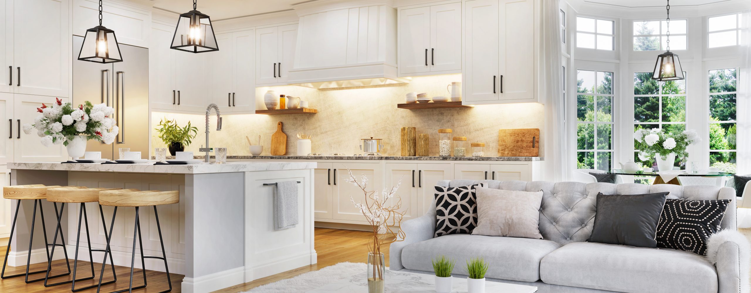 Luxurious interior design of white kitchen, dining room with windows