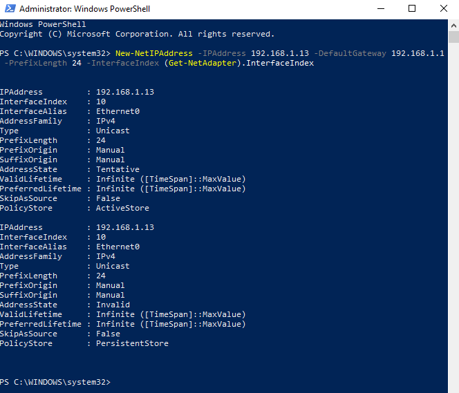 Configure Static IP Address on a Network Adapter using PowerShell
