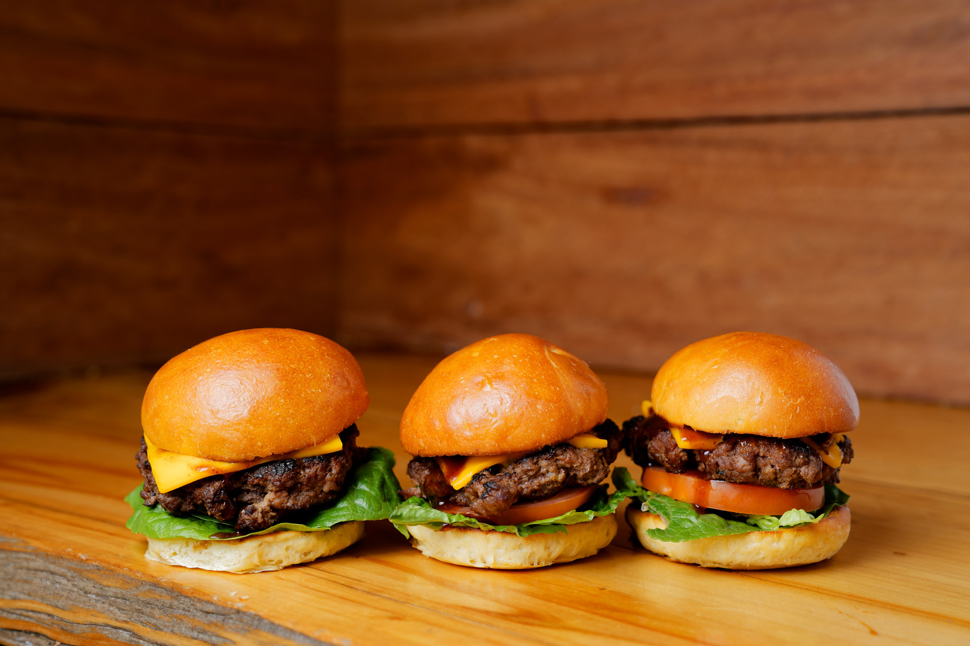 Beef Sliders (beef patty, American cheese, tomato, lettuce, pickle and