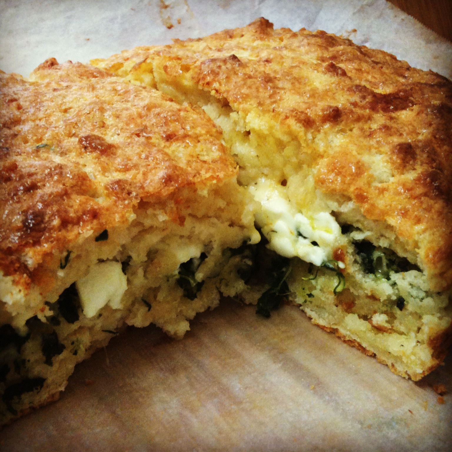 cheese scones filled with spinach and feta. the baking of