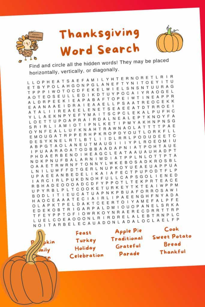 Thanksgiving Word Search Printable for Kids