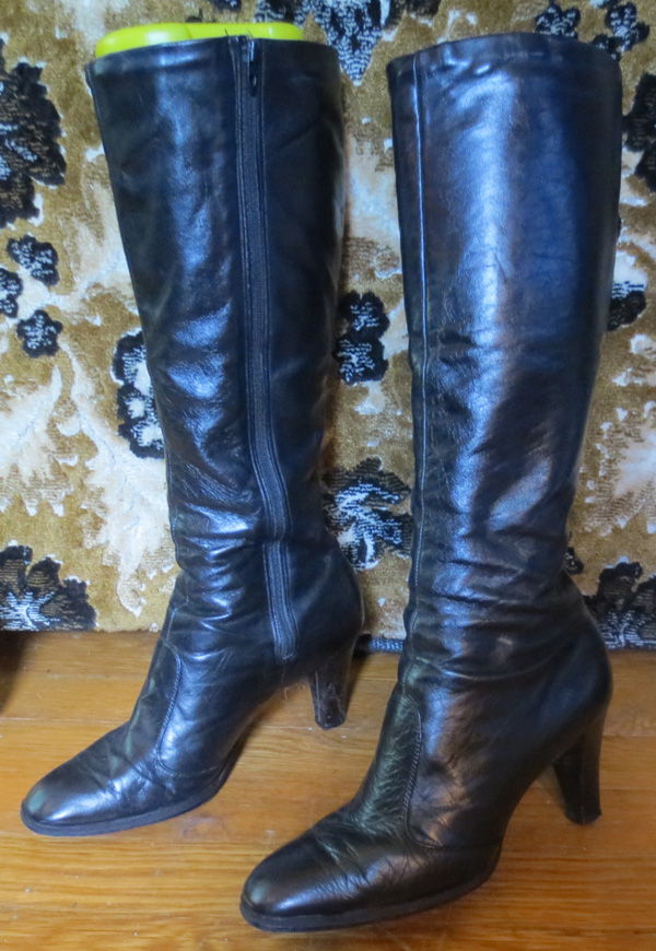 Vintage Knee High Black Leather High Heel GO GO Boots 7