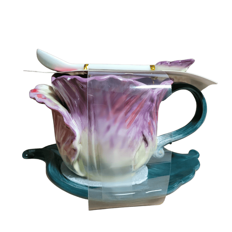 Corner Ruby Botanical Collection Coral Flower Teacup Set with Leaf