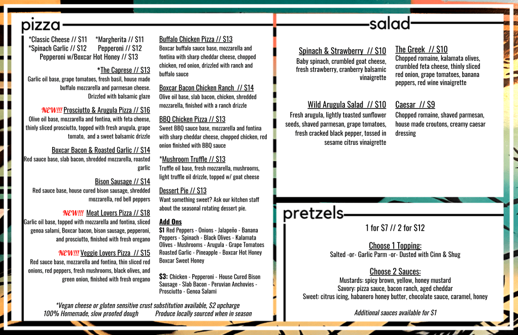 Durham Pizza Kitchen Pizza, Salad & Soft Pretzels Boxcar Bar + Arcade