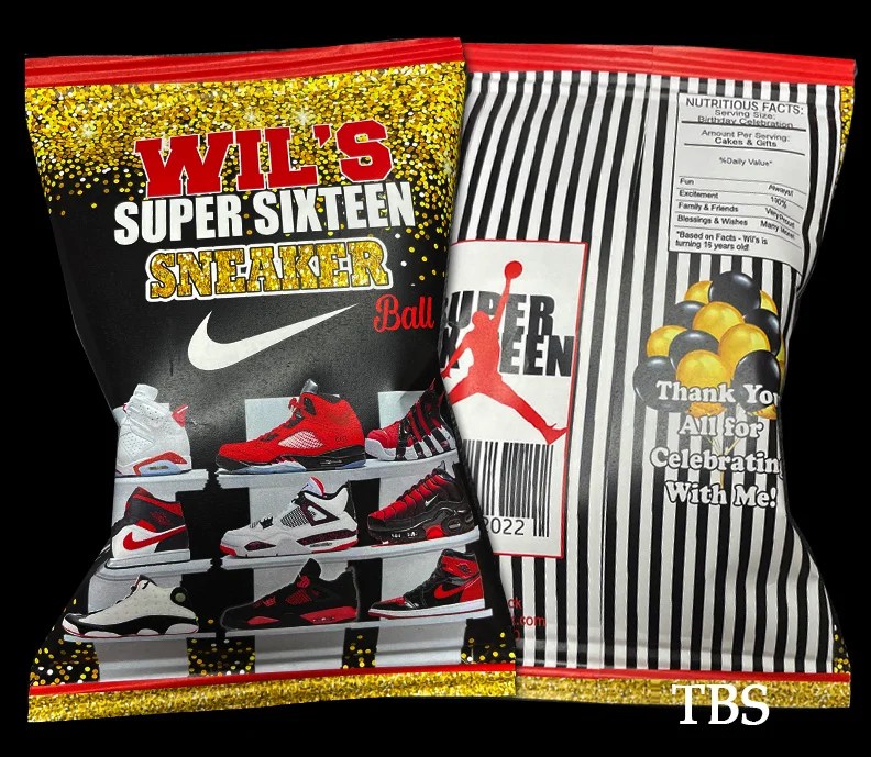 Jordan sneaker with Jump Man Party Favor Chip Bags The Brat Shack, NY