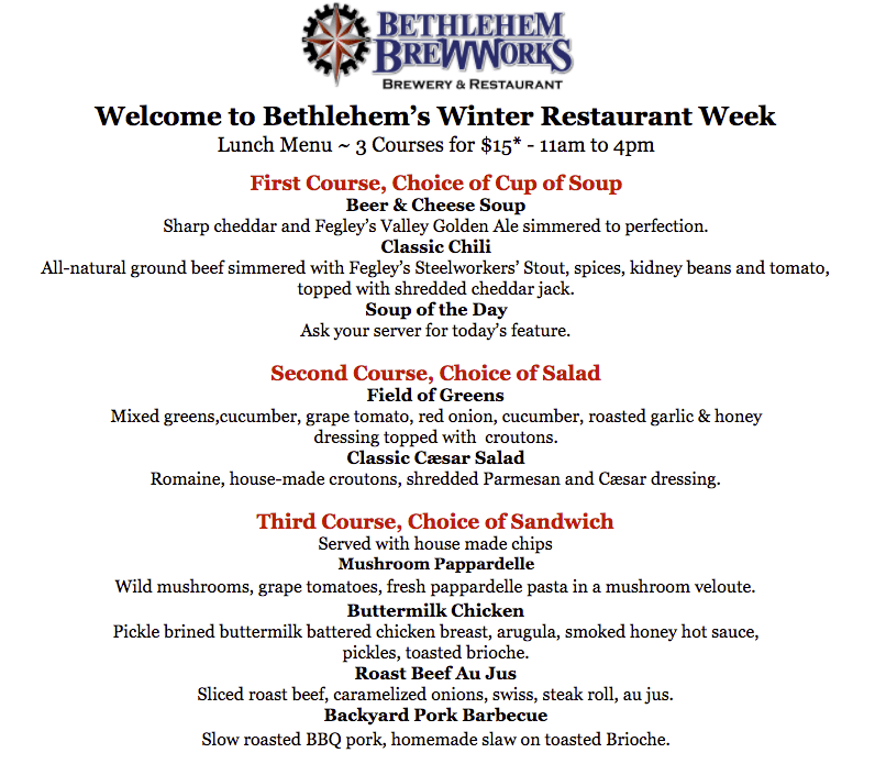 Bethlehem Restaurant Week 2017 Fegley's Brew Works