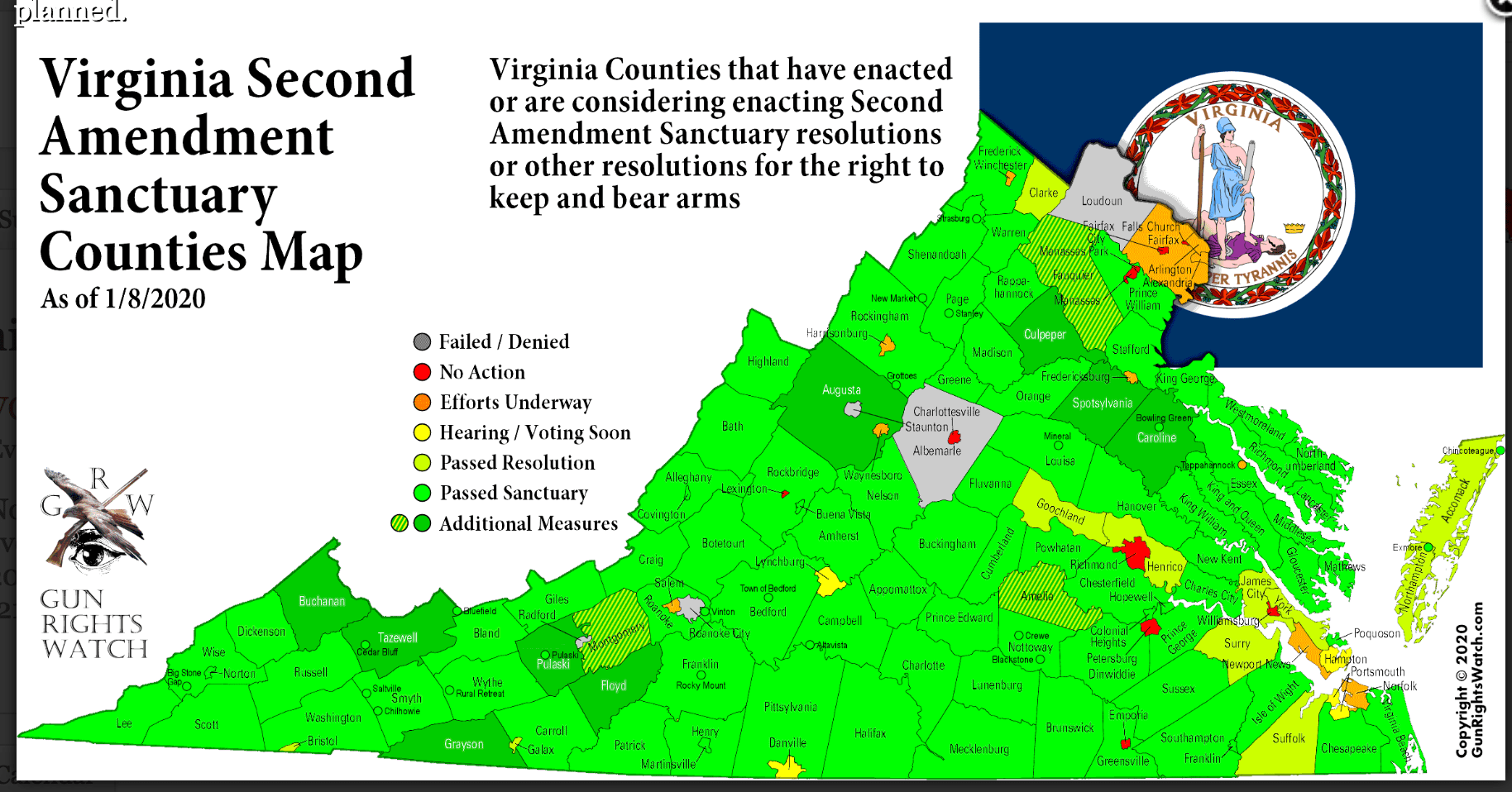 Map Of Virginia Counties 2020 Latest map of Virginia 2A sanctuary cities and counties 1/8/20 The