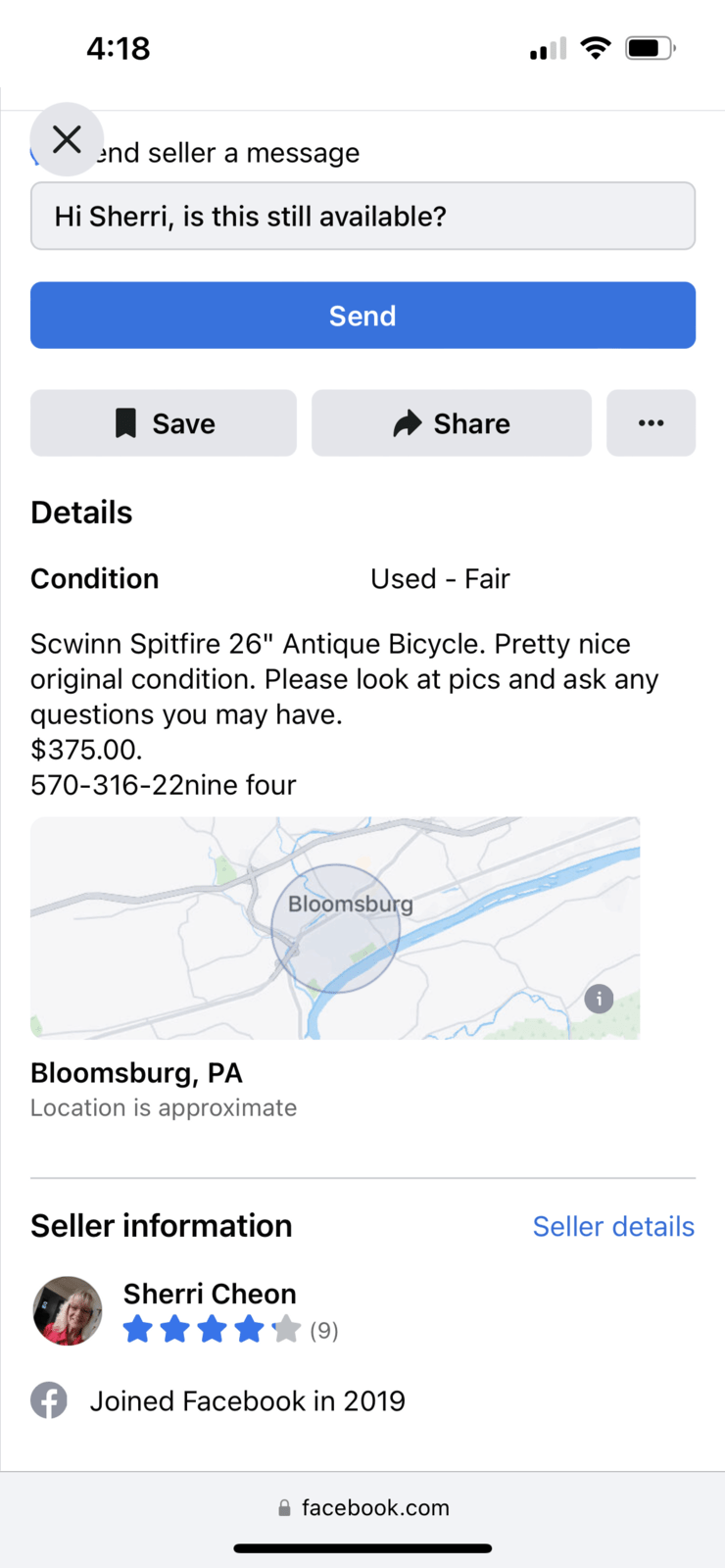 FB Schwinn spitfire complete 375 Bloomsburg, PA just listed