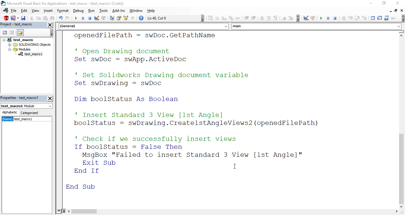 Solidworks VBA Macro Create Standard 3 View [1st Angle] The CAD Coder