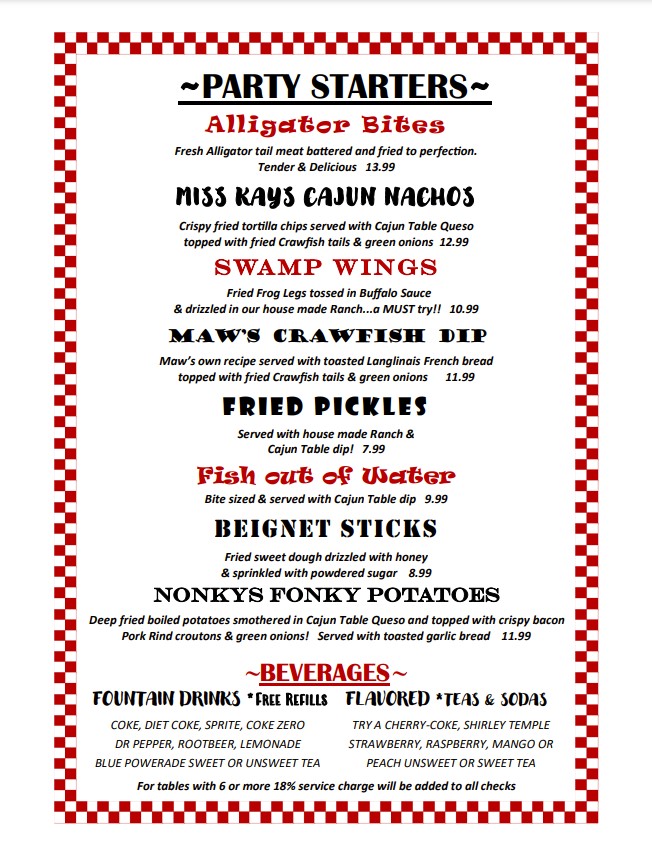 Restaurant Menu The Cajun Table