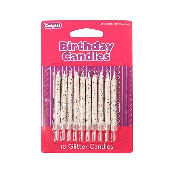 10 Glitter Candles with Holder White The Cake Solution