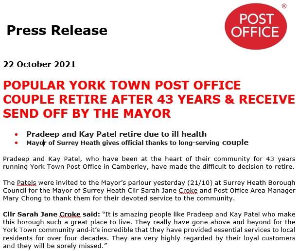 Post Office press release The Camberley Eye