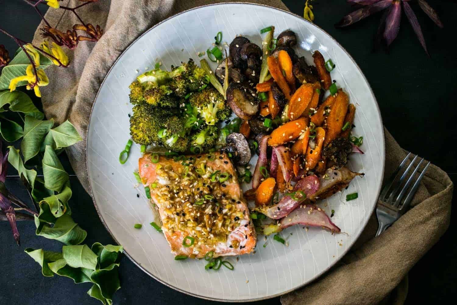 Ginger Glazed Salmon + Roasted Vegetables (Whole30, Paleo, Keto)