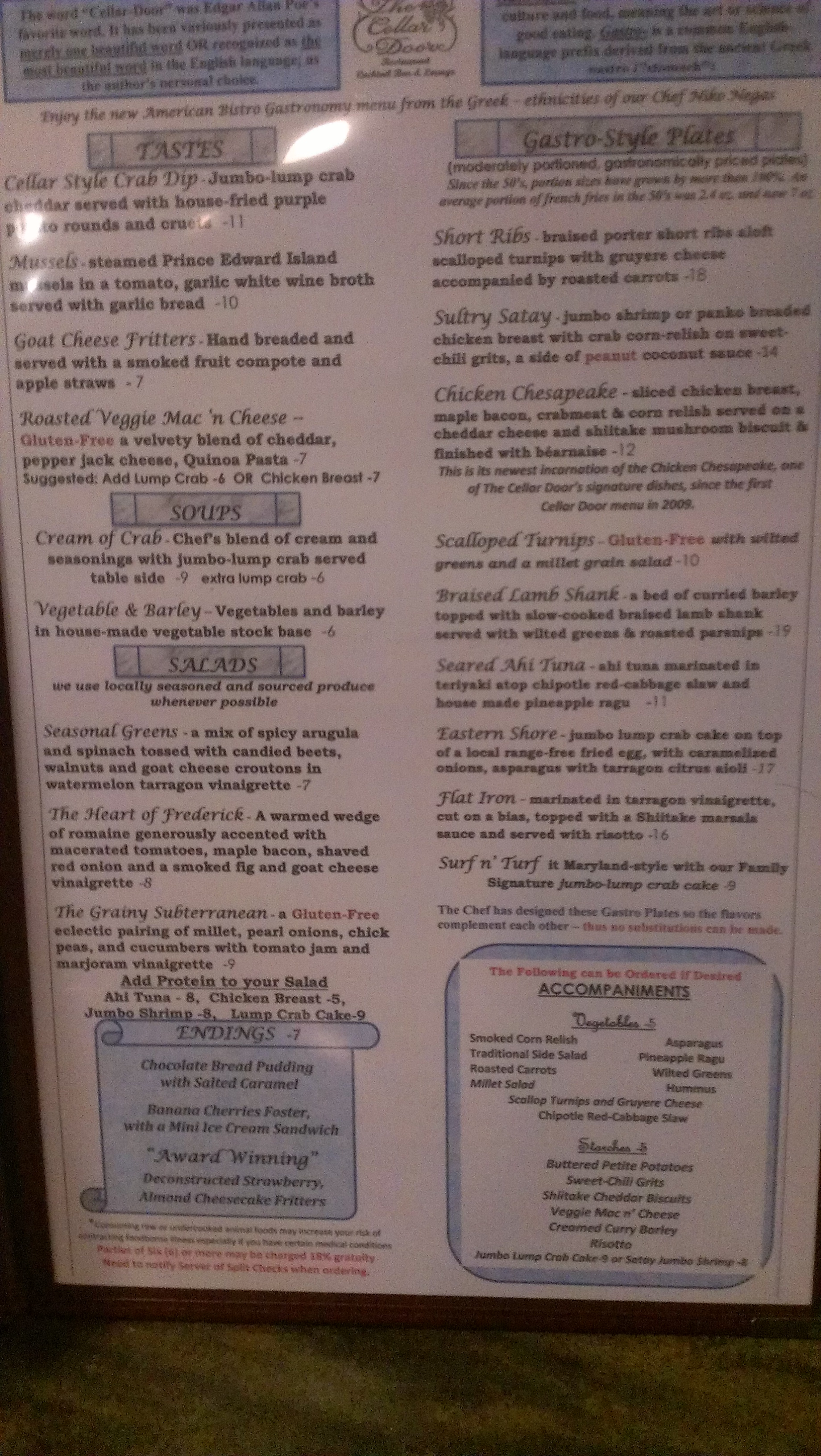 Full Menu The Cellar Door Restaurant