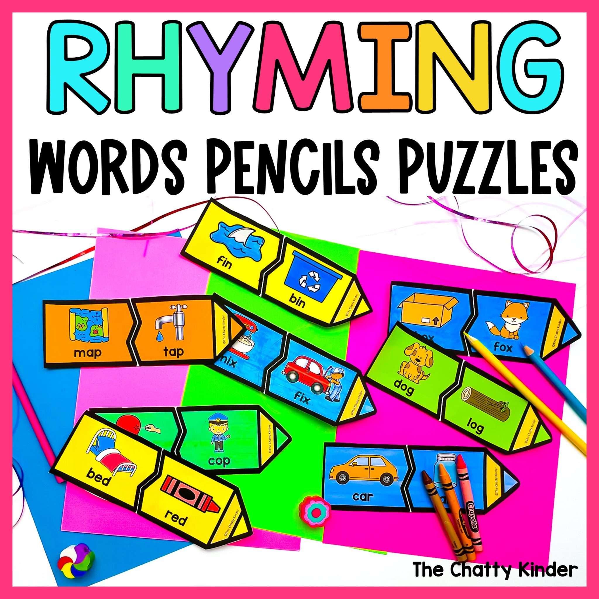 Pencils Rhyming Puzzles Activity Kindergarten Back to School Literacy