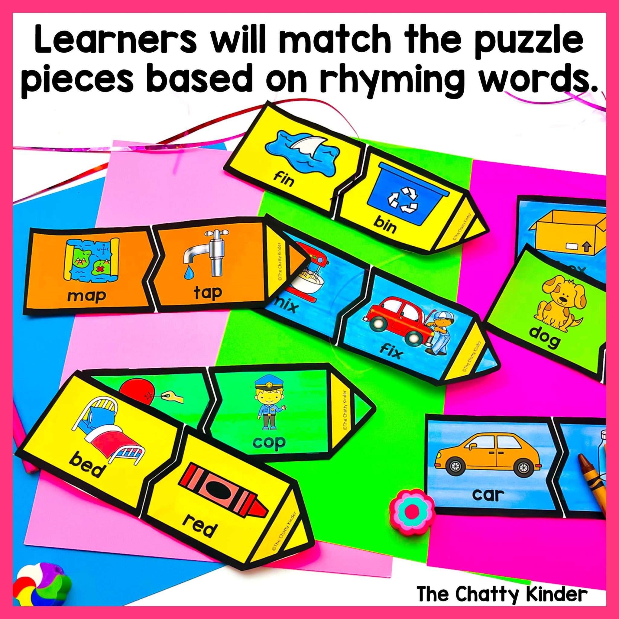 Pencils Rhyming Puzzles Activity Kindergarten Back to School Literacy