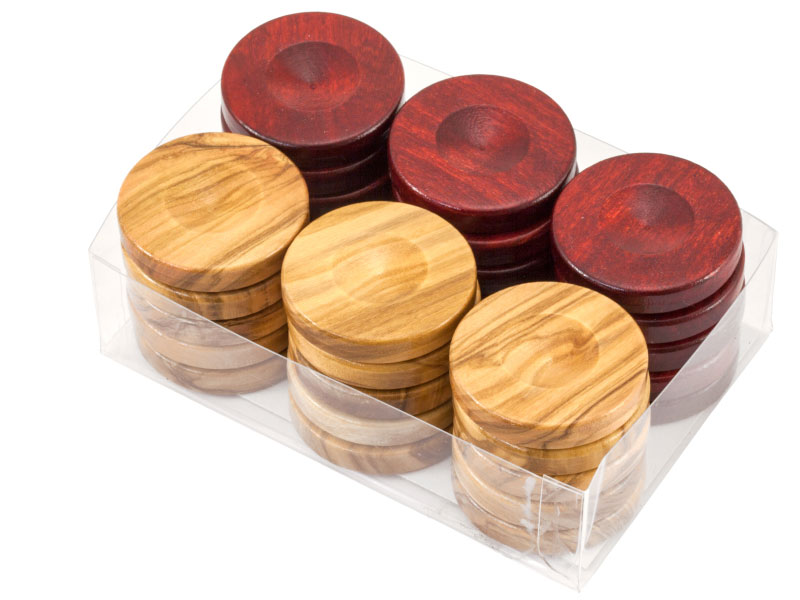 Deluxe Olive Wood Backgammon Stones Natural & Red 36mm The Chess Store