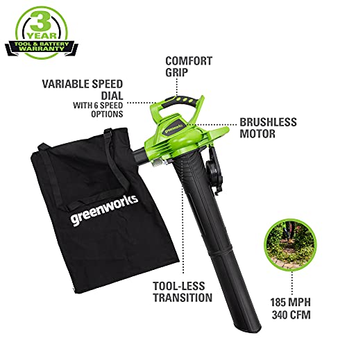 Greenworks 40V (185 MPH) Brushless Cordless Leaf Blower / Vacuum, Tool Only 24312 The Clean
