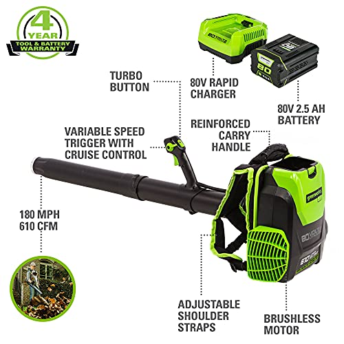 Greenworks Pro 80V (180 MPH / 610 CFM) Cordless Backpack Leaf Blower, 2