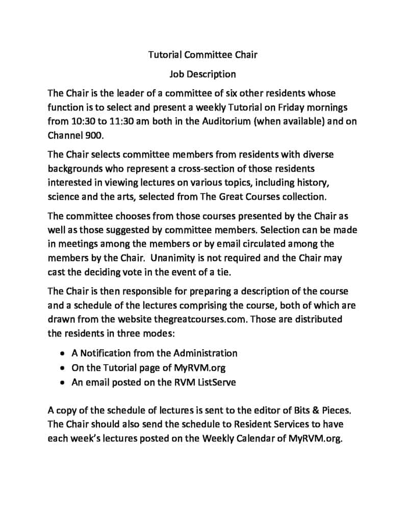 Job Description of Tutorials Committee Chair The Complement Job Description of Tutorials Committee Chair The Complement