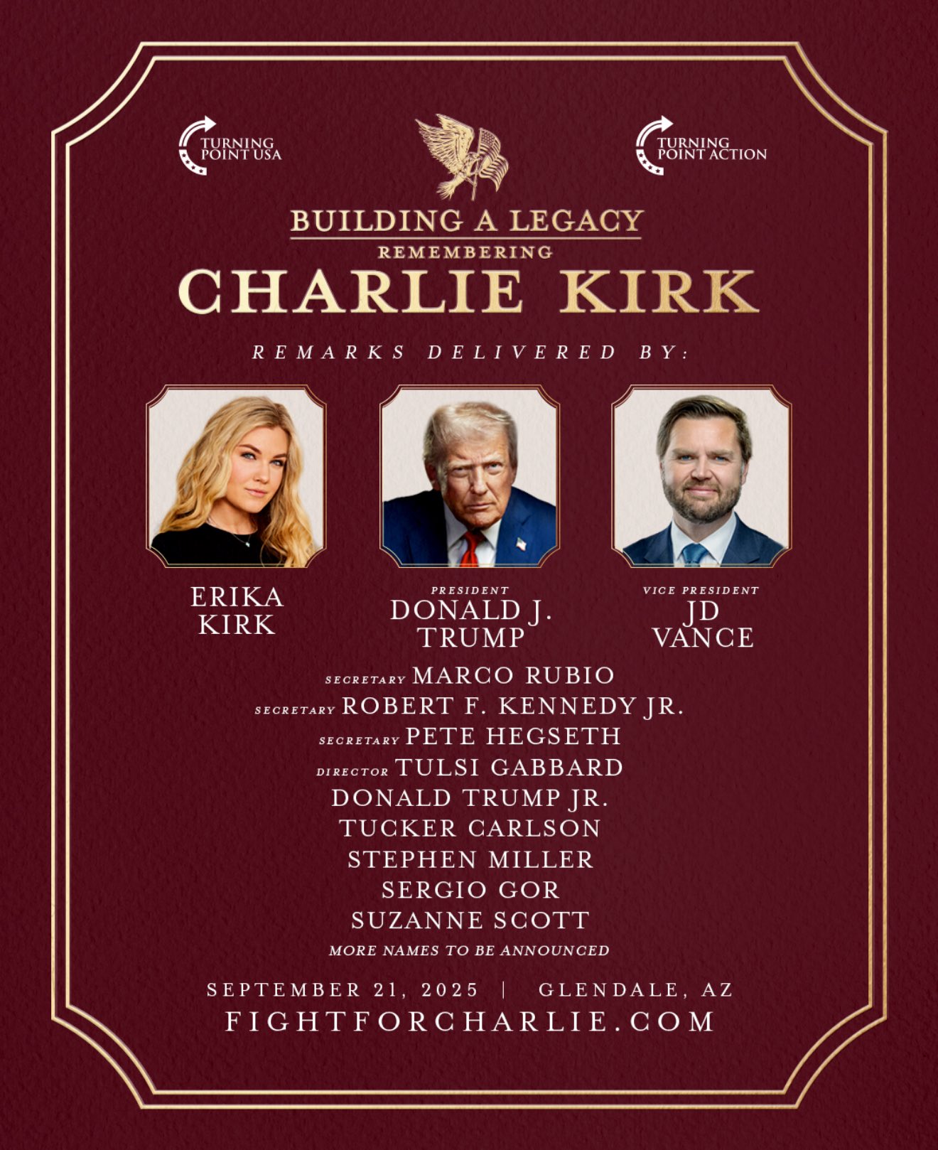 President Trump And Vice President Jd Vance Will Be Attending Charlie