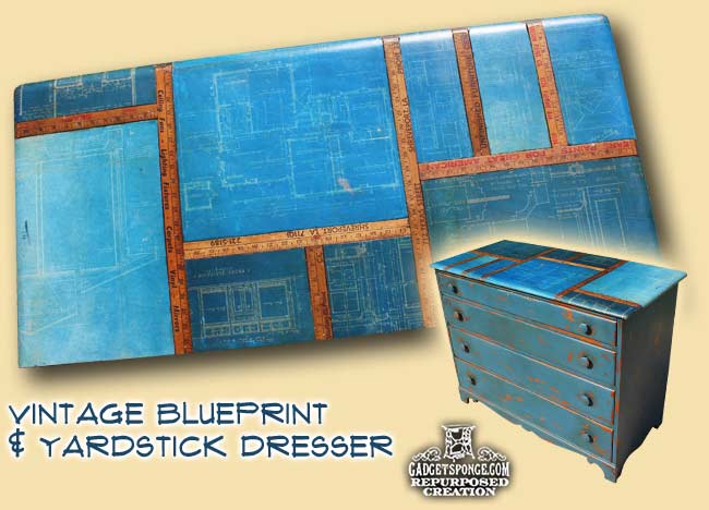 This amazing thrift store DIY project looks stunning - an old dresser with vintage blueprint finish