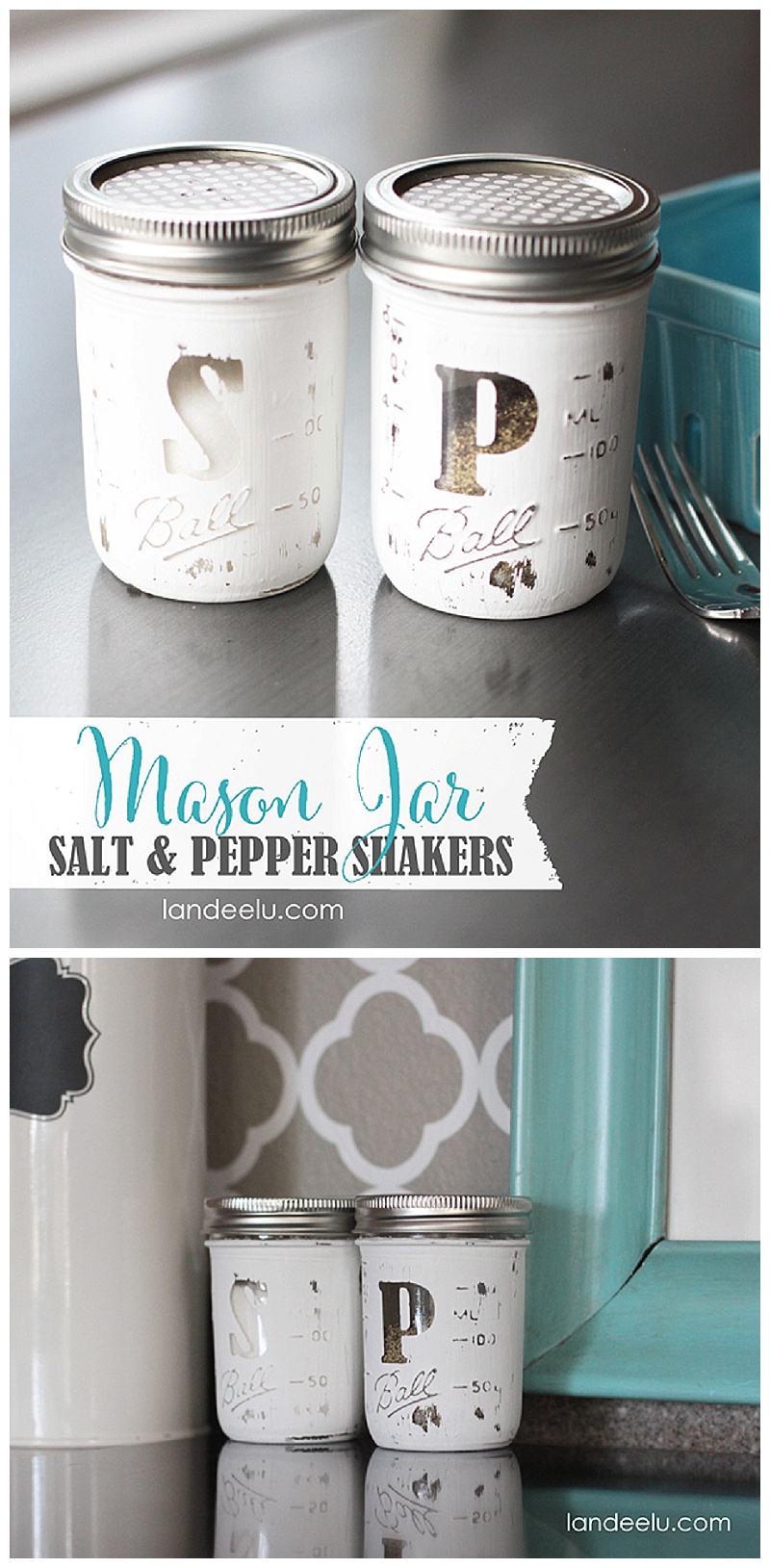 These salt and pepper mason jar shakers are white and look rustic.