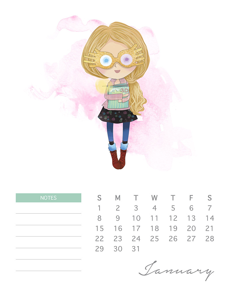 Luna Lovegood - Watercolor Harry Potter Calendar - January 2017