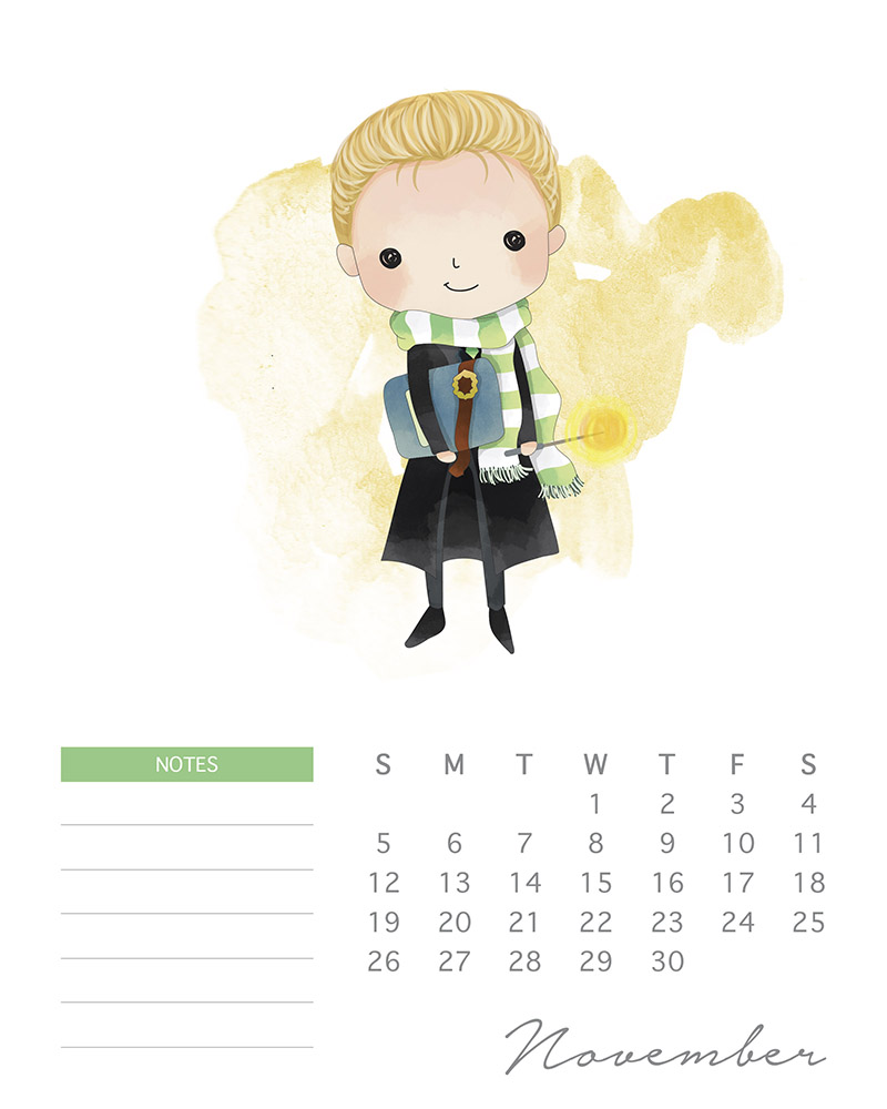 Malfoy - watercolor Harry Potter calendar - November