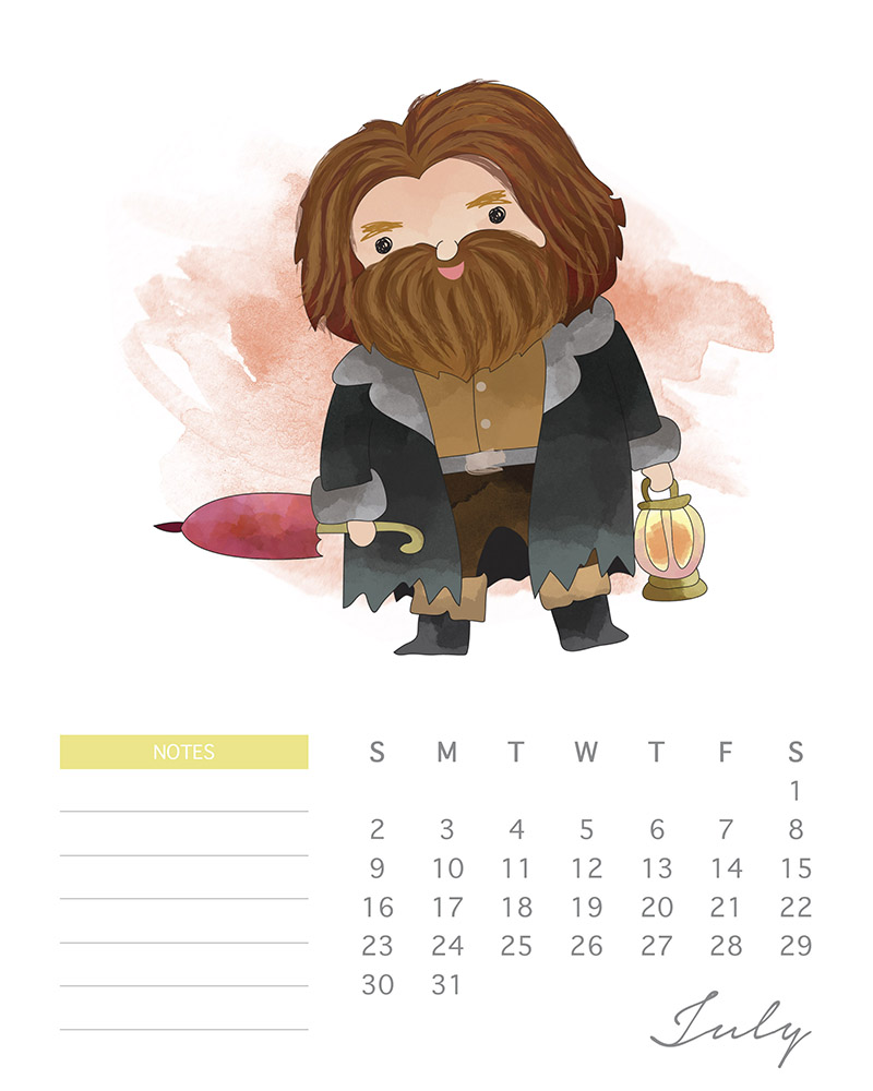 Hagrid - Watercolor Harry Potter calendar - July 2017