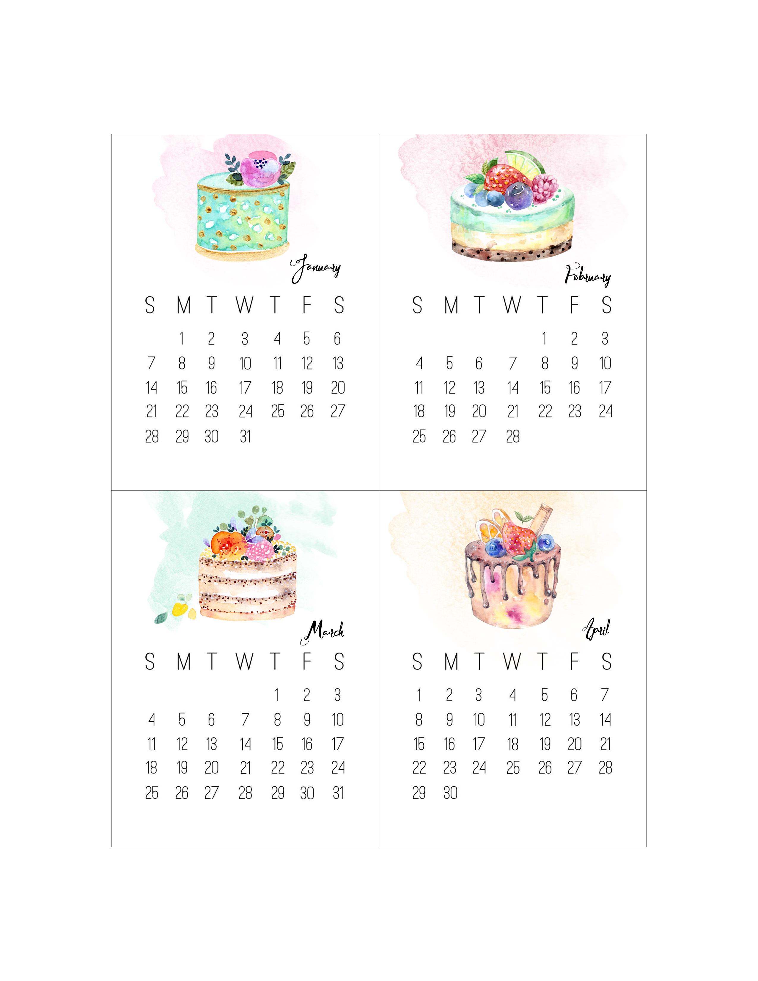 free printable 2018 watercolor cake journal card calendar the cottage market