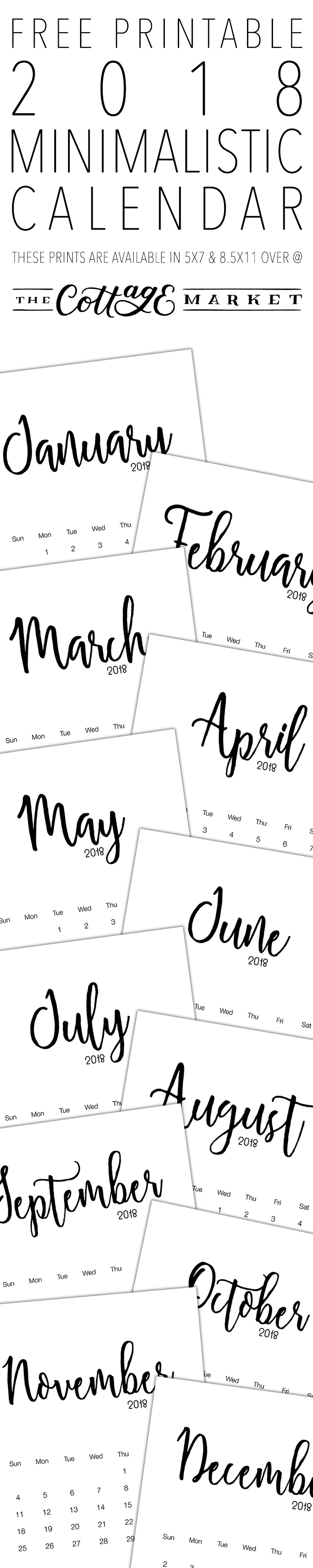 FREE Printable Minimalistic Design Calendar for 2018 from The Cottage Market